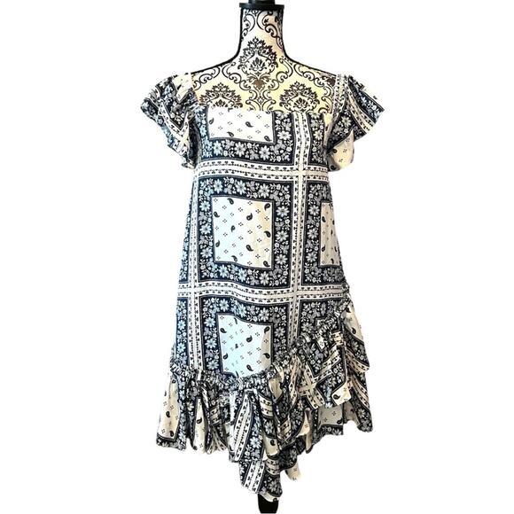 Cinq a Sept NWT Minella OTS Paisley Mini Ruffle Party Dress size 4 Navy Ivory - Picture 3 of 14